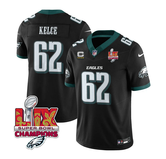 Men's Black Philadelphia Eagles #62 Jason Kelce 2025 Eagles Logo Super Bowl LIX Patch And 4-Star C Patch New F.U.S.E. Vapor Limited Stitched Football Jersey